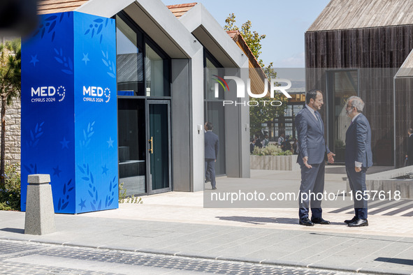 President of Cyprus Nikos Christodoulides welcomes Portugal's Minister of Foreign Affairs Paulo Rangel in Paphos, Cyprus, on October 11, 202...