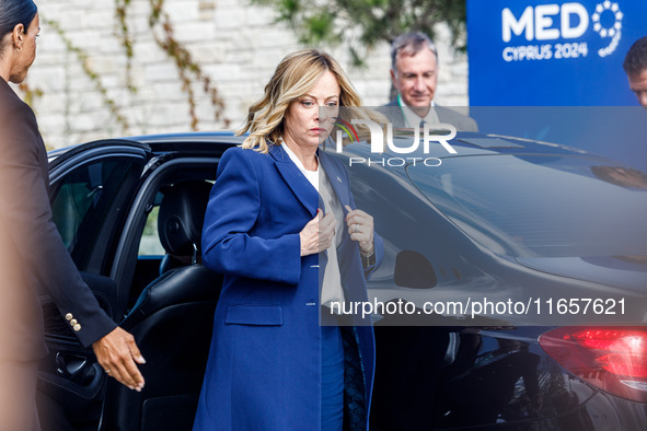 Italy's Prime Minister Giorgia Meloni arrives at the event in Paphos, Cyprus, on October 11, 2024. The 11th Summit of the Southern EU Countr...