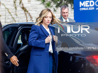 Italy's Prime Minister Giorgia Meloni arrives at the event in Paphos, Cyprus, on October 11, 2024. The 11th Summit of the Southern EU Countr...