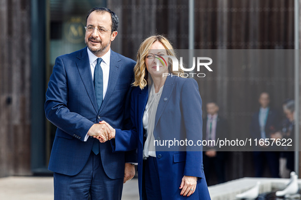 President of Cyprus Nikos Christodoulides welcomes Italy Prime Minister Giorgia Meloni in Paphos, Cyprus, on October 11, 2024. The 11th Summ...