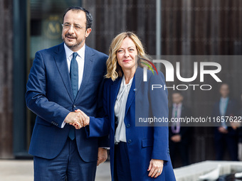 President of Cyprus Nikos Christodoulides welcomes Italy Prime Minister Giorgia Meloni in Paphos, Cyprus, on October 11, 2024. The 11th Summ...