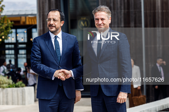 President of Cyprus Nikos Christodoulides welcomes Slovenia Prime Minister Robert Golob in Paphos, Cyprus, on October 11, 2024. The 11th Sum...