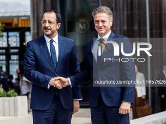 President of Cyprus Nikos Christodoulides welcomes Slovenia Prime Minister Robert Golob in Paphos, Cyprus, on October 11, 2024. The 11th Sum...