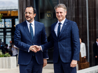 President of Cyprus Nikos Christodoulides welcomes Slovenia Prime Minister Robert Golob in Paphos, Cyprus, on October 11, 2024. The 11th Sum...