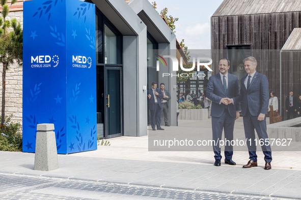 President of Cyprus Nikos Christodoulides welcomes Slovenia Prime Minister Robert Golob in Paphos, Cyprus, on October 11, 2024. The 11th Sum...