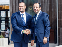 President of Cyprus Nikos Christodoulides welcomes Malta Prime Minister Robert Abela in Paphos, Cyprus, on October 11, 2024. The 11th Summit...