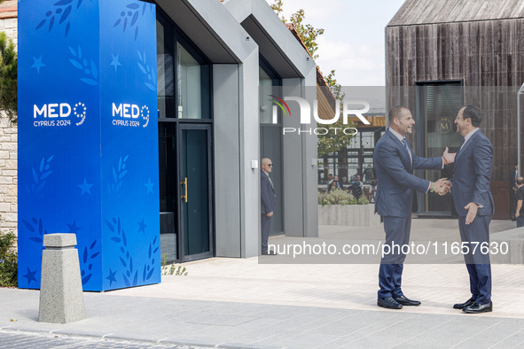 President of Cyprus Nikos Christodoulides welcomes Malta Prime Minister Robert Abela in Paphos, Cyprus, on October 11, 2024. The 11th Summit...