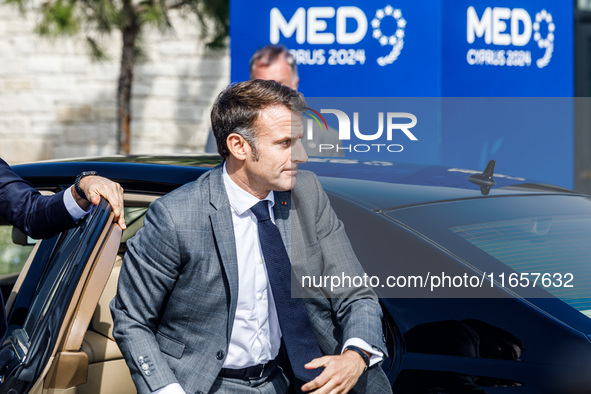 President of France Emmanuel Macron arrives at the event in Paphos, Cyprus, on October 11, 2024. The 11th Summit of the Southern EU Countrie...