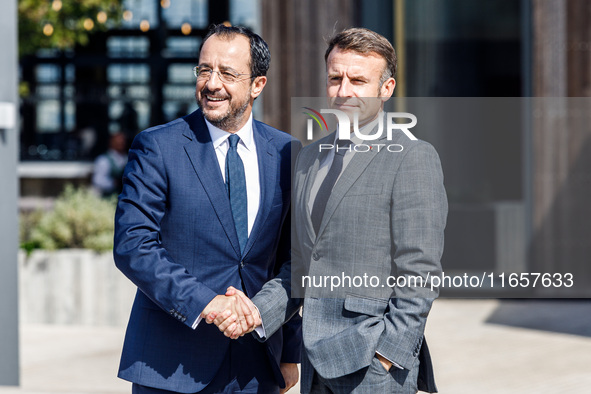 President of Cyprus Nikos Christodoulides welcomes President of France Emmanuel Macron in Paphos, Cyprus, on October 11, 2024. The 11th Summ...