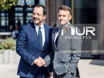 President of Cyprus Nikos Christodoulides welcomes President of France Emmanuel Macron in Paphos, Cyprus, on October 11, 2024. The 11th Summ...