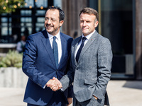 President of Cyprus Nikos Christodoulides welcomes President of France Emmanuel Macron in Paphos, Cyprus, on October 11, 2024. The 11th Summ...