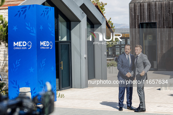 President of Cyprus Nikos Christodoulides welcomes President of France Emmanuel Macron in Paphos, Cyprus, on October 11, 2024. The 11th Summ...