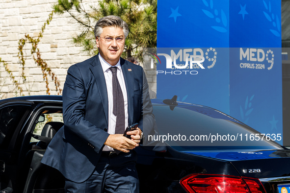 Prime Minister of Croatia Andrej Plenkovic arrives at the event in Paphos, Cyprus, on October 11, 2024. The 11th Summit of the Southern EU C...