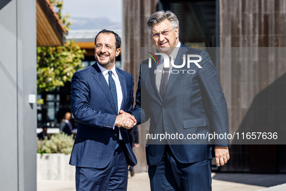 President of Cyprus Nikos Christodoulides welcomes Prime Minister of Croatia Andrej Plenkovic in Paphos, Cyprus, on October 11, 2024. The 11...