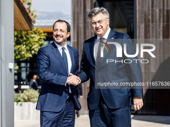 President of Cyprus Nikos Christodoulides welcomes Prime Minister of Croatia Andrej Plenkovic in Paphos, Cyprus, on October 11, 2024. The 11...