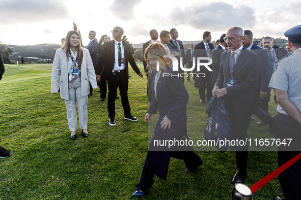 Italy Prime Minister Giorgia Meloni leaves the family photo area in Paphos, Cyprus, on October 11, 2024. The 11th Summit of the Southern EU...