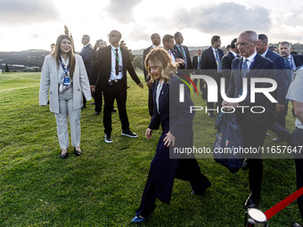 Italy Prime Minister Giorgia Meloni leaves the family photo area in Paphos, Cyprus, on October 11, 2024. The 11th Summit of the Southern EU...