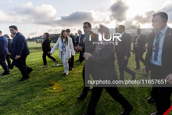 King of Jordan Abdullah II bin Al Hussein leaves the family photo area in Paphos, Cyprus, on October 11, 2024. The 11th Summit of the Southe...