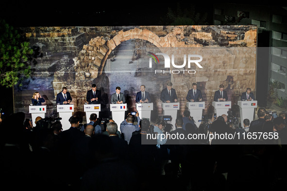 Heads of State and Government gather for the press conference in Paphos, Cyprus, on October 11, 2024. The 11th Summit of the Southern EU Cou...