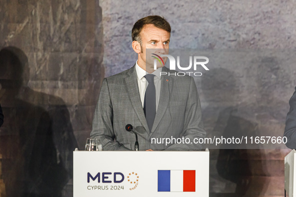 President of France Emmanuel Macron is seen during the press conference in Paphos, Cyprus, on October 11, 2024. The 11th Summit of the South...