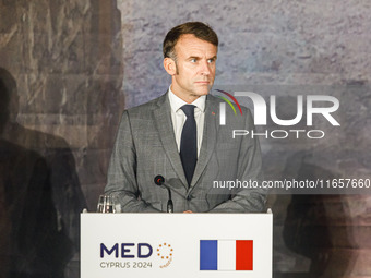 President of France Emmanuel Macron is seen during the press conference in Paphos, Cyprus, on October 11, 2024. The 11th Summit of the South...