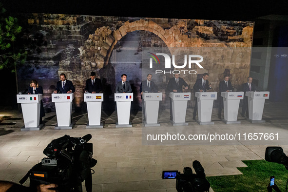 Heads of State and Government gather for the press conference in Paphos, Cyprus, on October 11, 2024. The 11th Summit of the Southern EU Cou...