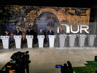 Heads of State and Government gather for the press conference in Paphos, Cyprus, on October 11, 2024. The 11th Summit of the Southern EU Cou...