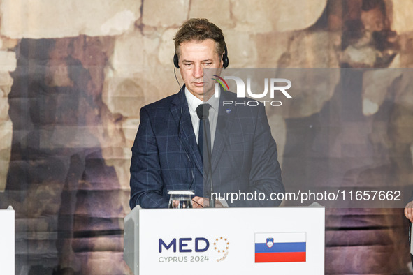 Slovenia Prime Minister Robert Golob attends the press conference in Paphos, Cyprus, on October 11, 2024. The 11th Summit of the Southern EU...