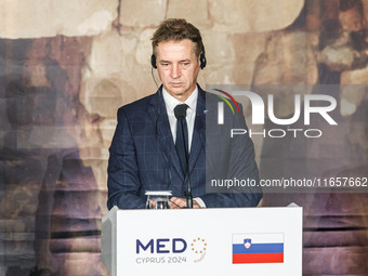 Slovenia Prime Minister Robert Golob attends the press conference in Paphos, Cyprus, on October 11, 2024. The 11th Summit of the Southern EU...