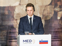 Slovenia Prime Minister Robert Golob attends the press conference in Paphos, Cyprus, on October 11, 2024. The 11th Summit of the Southern EU...