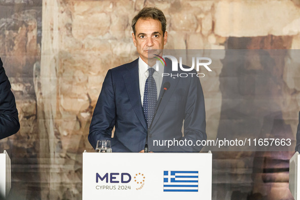 Greek Prime Minister Kyriakos Mitsotakis attends the press conference in Paphos, Cyprus, on October 11, 2024. The 11th Summit of the Souther...