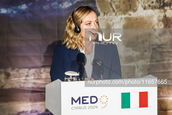 Italy's Prime Minister Giorgia Meloni is seen during the press conference in Paphos, Cyprus, on October 11, 2024. The 11th Summit of the Sou...