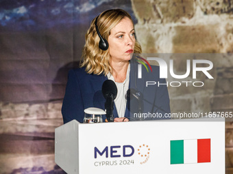 Italy's Prime Minister Giorgia Meloni is seen during the press conference in Paphos, Cyprus, on October 11, 2024. The 11th Summit of the Sou...