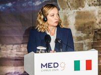 Italy's Prime Minister Giorgia Meloni is seen during the press conference in Paphos, Cyprus, on October 11, 2024. The 11th Summit of the Sou...