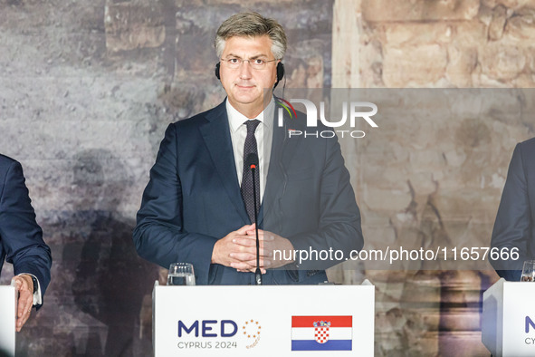 Prime Minister of Croatia Andrej Plenkovic is seen during the press conference in Paphos, Cyprus, on October 11, 2024. The 11th Summit of th...