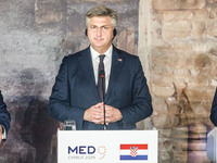 Prime Minister of Croatia Andrej Plenkovic is seen during the press conference in Paphos, Cyprus, on October 11, 2024. The 11th Summit of th...