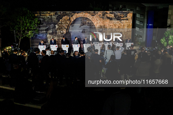 Heads of State and Government gather for the press conference in Paphos, Cyprus, on October 11, 2024. The 11th Summit of the Southern EU Cou...