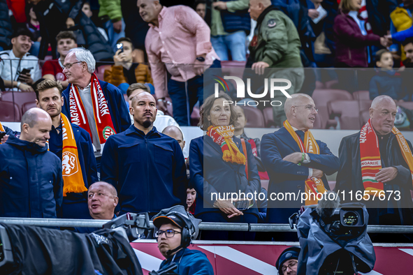 Marianne van Leeuwen and Nigel de Jong from the KNVB are present during the match between Hungary and the Netherlands at the Puskas Arena fo...