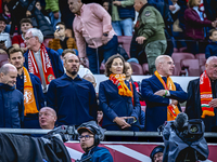 Marianne van Leeuwen and Nigel de Jong from the KNVB are present during the match between Hungary and the Netherlands at the Puskas Arena fo...