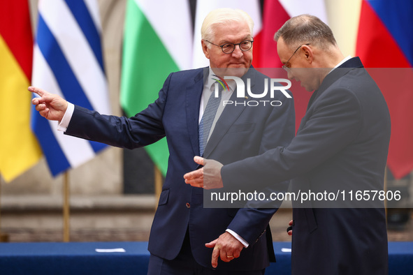 President of Poland Andrzej Duda and President of Germany, Frank-Walter Steinmeier, attend a welcome ceremony during the Arraiolos Group mee...