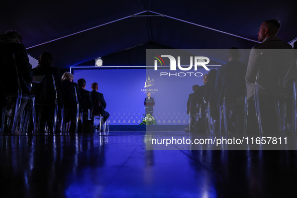 President of Poland Andrzej Duda speaks at the press conference during the Arraiolos Group meeting at the Wawel Royal Castle in Krakow, Pola...