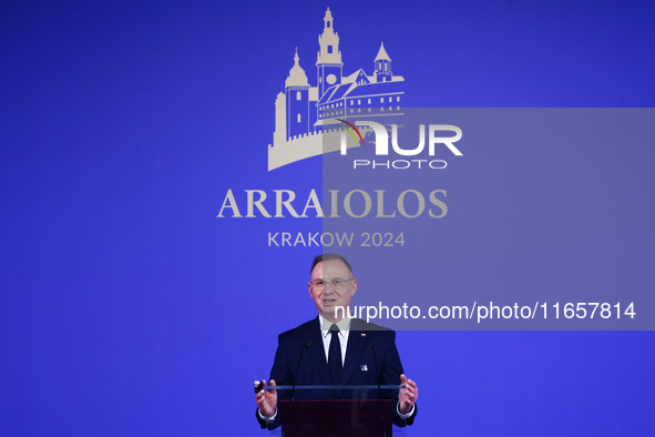 President of Poland Andrzej Duda speaks at the press conference during the Arraiolos Group meeting at the Wawel Royal Castle in Krakow, Pola...