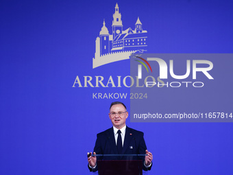 President of Poland Andrzej Duda speaks at the press conference during the Arraiolos Group meeting at the Wawel Royal Castle in Krakow, Pola...