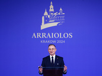 President of Poland Andrzej Duda speaks at the press conference during the Arraiolos Group meeting at the Wawel Royal Castle in Krakow, Pola...