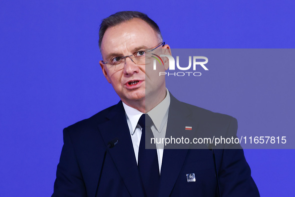 President of Poland Andrzej Duda speaks at the press conference during the Arraiolos Group meeting at the Wawel Royal Castle in Krakow, Pola...