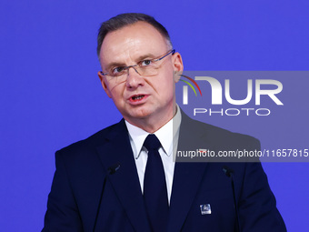 President of Poland Andrzej Duda speaks at the press conference during the Arraiolos Group meeting at the Wawel Royal Castle in Krakow, Pola...