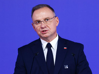 President of Poland Andrzej Duda speaks at the press conference during the Arraiolos Group meeting at the Wawel Royal Castle in Krakow, Pola...