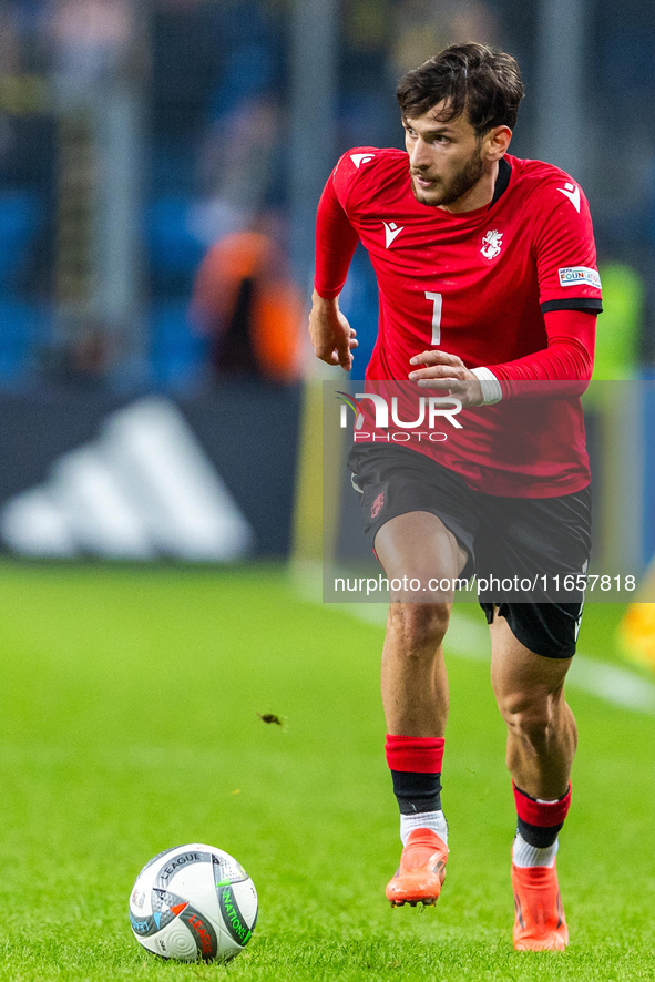 Khvicha Kvaratskhelia is playing  during the  UEFA Nations League 2024 League B Group B1 match between Ukraine and Georgia , at the Poznan A...