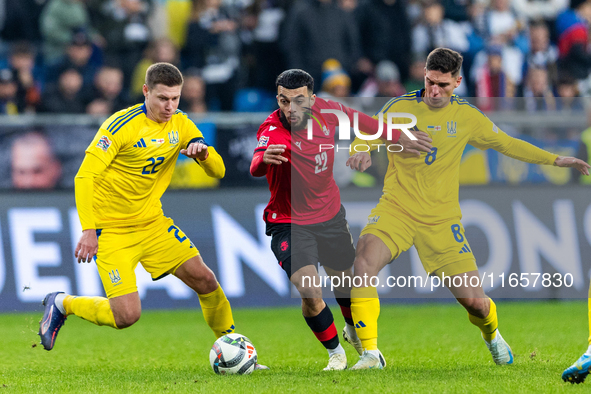 Mykola Matviyenko, Georges Mikautadze and  Georgiy Sudakov are playing  during the  UEFA Nations League 2024 League B Group B1 match between...