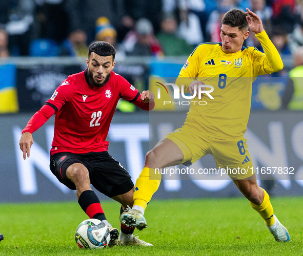 Georges Mikautadze and  Georgiy Sudakov are playing  during the  UEFA Nations League 2024 League B Group B1 match between Ukraine and Georgi...